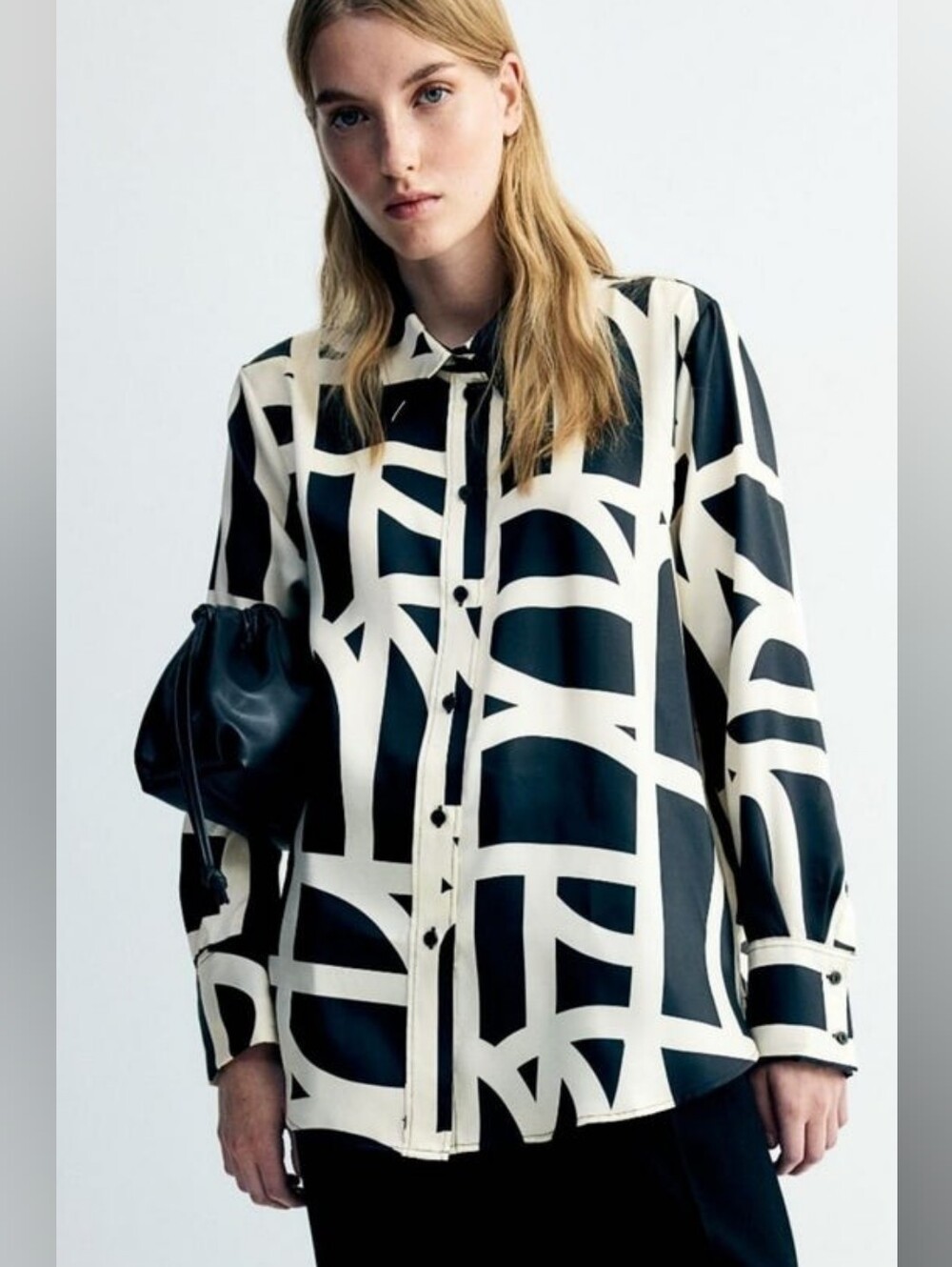 NWT H&M Abstract Geometric Button Down Blouse Shirt White Black - Plus Size XXL